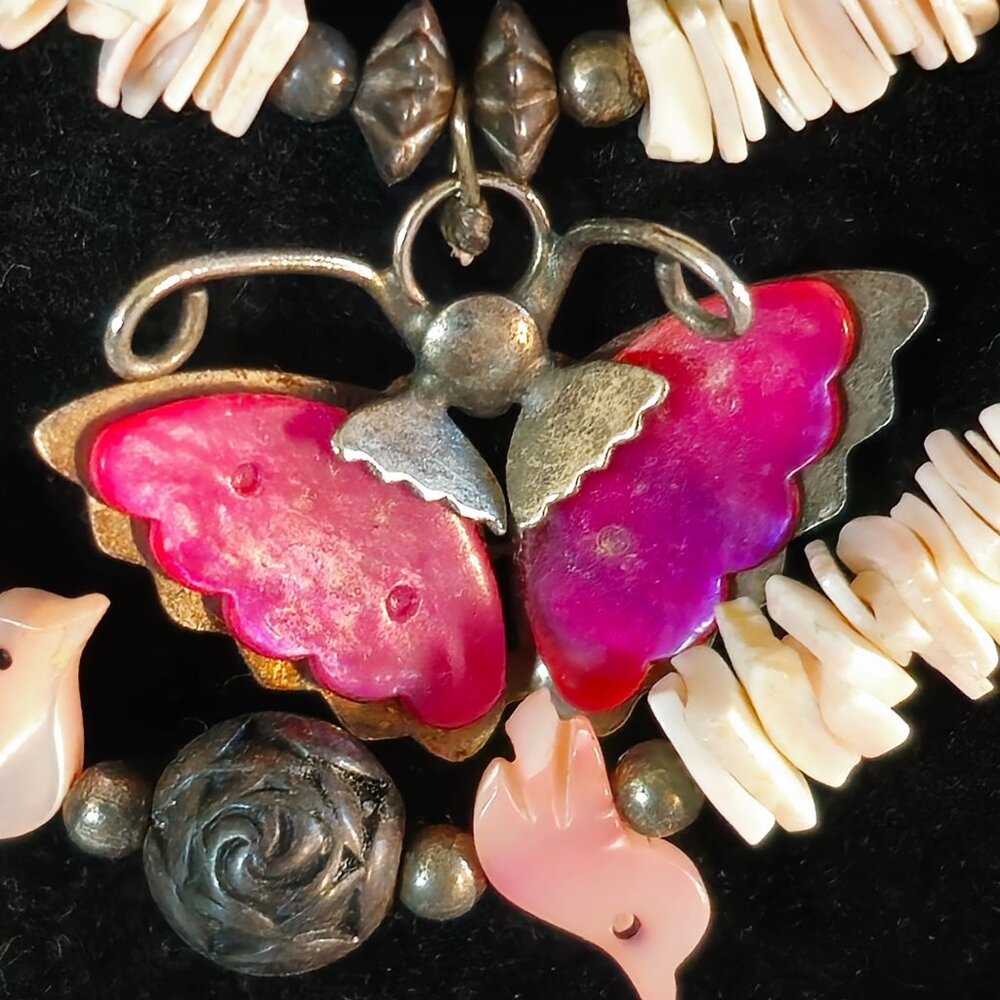 VTG Sterling Silver Double Strand MOP Fetish Bird Butterfly Pendant Necklace 16" - Picture 7 of 11